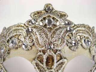 VENETIAN half MASK BROCADE crystals antique white masquerade fancy 