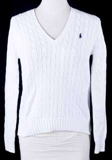 Ralph Lauren Bright White CABLE KNIT V Neck Womens Sport Sweater XL 