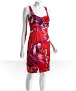 Outfit: David Meister red floral satin bow front sheath dress with 