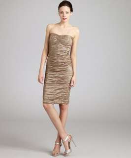 Nicole Miller champagne crinkle ruched strapless dress
