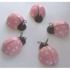  Wooden Pink and White Ladybug Wall Hangings   Set of 5 