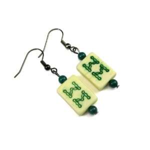 Mahjong Antique Bone with Chinese Jade Accent Dangle Earrings, Bamboo 
