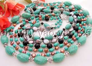 Amazing 6Strds Pearl&Turquoise&Onyx Necklace  