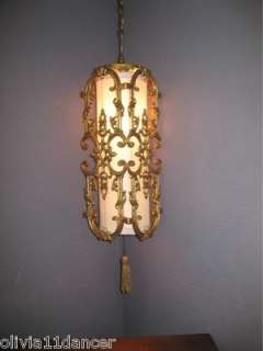   Italian tole hollywood regency metal hanging swag lamp vtg 60s OMG