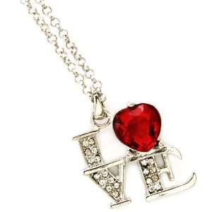    Silvertone Crystal Red Heart Love Pendant Necklace Jewelry