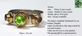 peridot and ruby 3 stones ring sterling silver and gold  