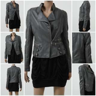 New Funky Jacket Womens Gray Faux Leather Motorcycle Biker coat Studed 