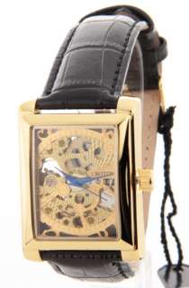 Croton Mens Skeleton AUTOMATIC Gold Rectangle Black Leather Watch 