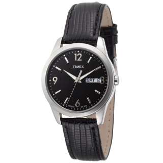   Timex Mens Analog Silver Tone Case Black Leather Black Dial Watch new