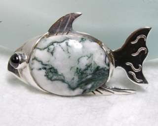 SAJEN 925 Sterling Silver Green Jasper & Garnet FISH Pin Brooch  