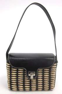 LAMBERTSON TRUEX Black Leather Straw Baguette Handbag  
