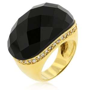 14k Gold Bonded Black Onyx Cocktail Ring with Clear CZ Accented Stones 