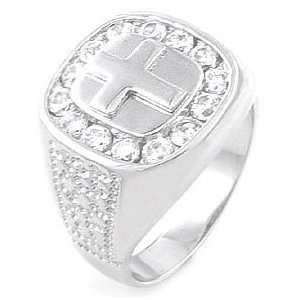  Hip Hop Sterling Silver CZ Mens Cross Ring Jewelry
