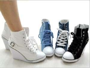 Women Wedge Heel High Top Sneakers Shoes White US 5.5 8  