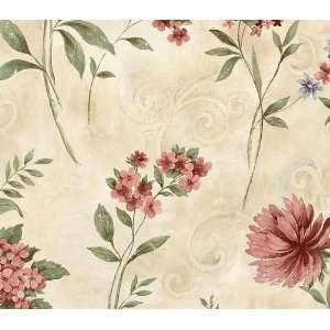    Beige and Burgundy Floral Scroll Wallpaper